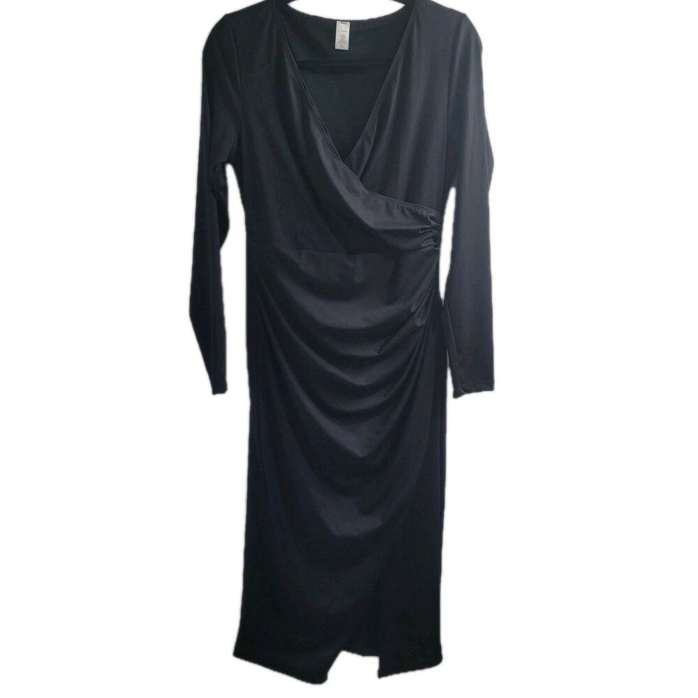 NWT Popilush Black Shapewear Faux Wrap Midi Dress XL Ruched Long Sleeve Bodycon